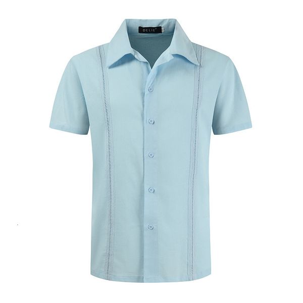 Camisas casuales para hombre Camisa de manga corta con botones hacia abajo Guayabera cubana Moda Camisa de lino azul Hombres Playa de verano Hippie Tops Blusa Camisas Hombre 230614