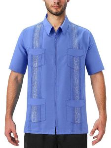 Casual herenoverhemden met korte mouwen Cubaans Guayabera Mexicaans Hawaiiaans overhemd met ritssluiting aan de voorkant en zak 230726