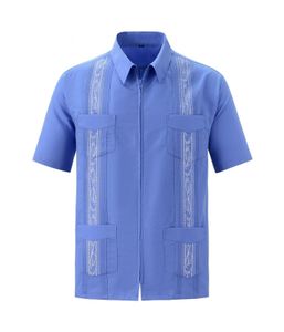 Chemises décontractées pour hommes à manches courtes cubaine Guayabera chemise hawaïenne mexicaine à fermeture éclair complète avec poche 230614