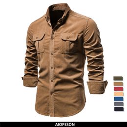 Chemises décontractées pour hommes simple boutonnage 100% coton mode d'affaires couleur unie velours côtelé automne mince 230214