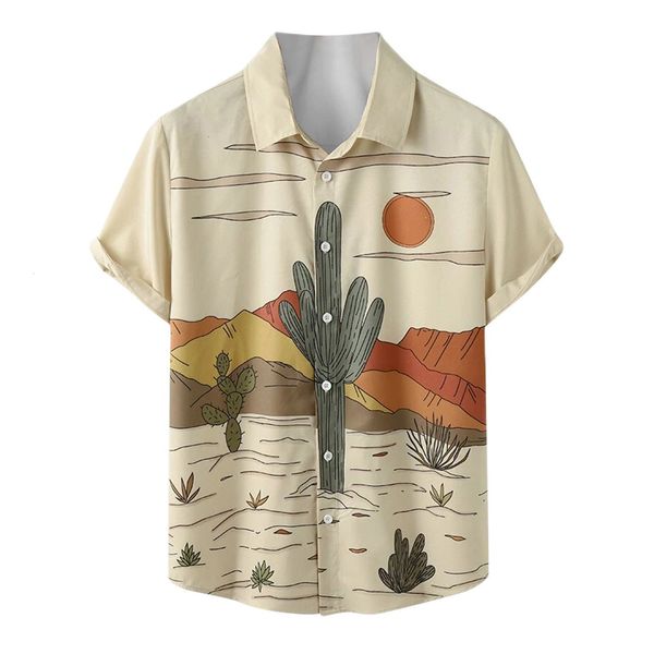 Hommes Casual Chemises D'été Chemise Hawaïenne Designer Hommes Cactus Désert Paysage Imprimer Plante Tropicale À Manches Courtes Blouse Vintage Camisas 230625