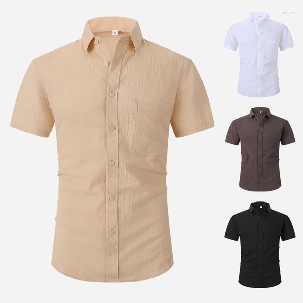 Chemises décontractées pour hommes, chemise boutonnée en lin d'été, manches courtes, coton, coupe régulière, couleur unie, Style plage, USA S-XXL, grande taille