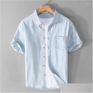Chemises décontractées pour hommes Chemise en denim à manches courtes en pur coton d'été Polyvalent Bleu Drop Livraison Vêtements Vêtements Otnhz