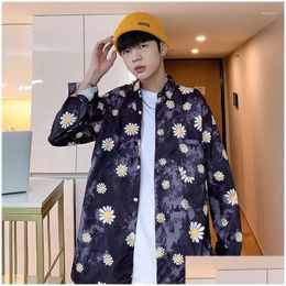 Chemises de tournesol décontractées pour hommes avec imprimé vêtements coréens mode 2022 man slim fit social harajuku long gouttes à manches longues dhy6o