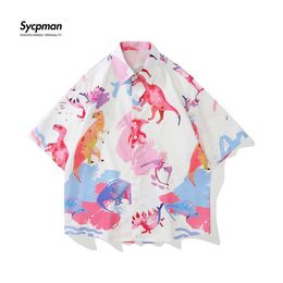Chemises décontractées pour hommes Sycpman surdimensionné hommes chemises à manches courtes imprimé surdimensionné femmes été Hawaii dinosaure plage chemise 230323