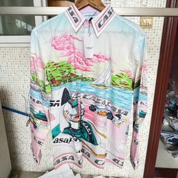 Heren Casual shirts Dunne zijde Casablanca Shirt Seaside Racing Surf Print Lange Design Kleding Men Women Oversize Hawaii Beach Blouse 230815