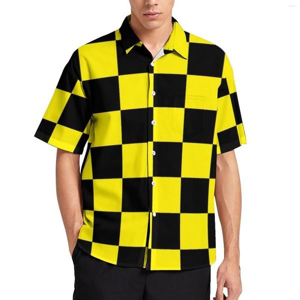 Camisas casuales para hombre Camisa de vacaciones en dos tonos en negro y amarillo Mod Checkers Hawaii Blusas divertidas Tops gráficos de manga corta de gran tamaño