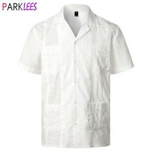 Mens Casual Shirts Witte Cubaanse Camp Guayabera Shirt Mannen Stijlvolle Geborduurde Geweven ButtonDown Mexicaanse Caribische Stijl Strand 2XL 230614