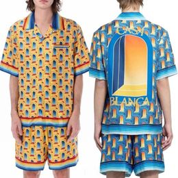 Mens Casual Shirts Geel Blauw Contrast Casablanca Shirt Hoge Kwaliteit Vaardigheden Fantasy Gate Twill Korte Mouwen Korset Strand 230718