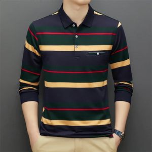 Mens Casual Stripe Plaid Polo Shirt Long Sleeve Polo Shirt Fashion Solid Top 240403