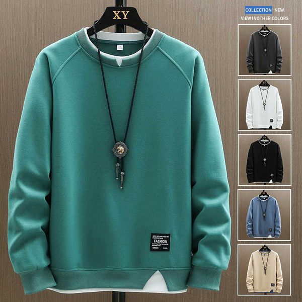 Mens Casual Sweatshirts Harajuku Solid Color Fashion Male Fake Two Pieces O-Neck Sweat Hoodies Hip Hop Streetwear 210927