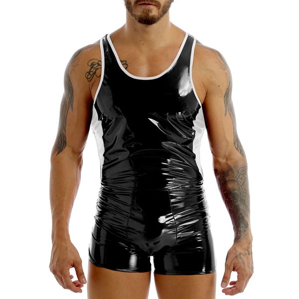 Disfraces de catsuit para hombre Leotardo ajustado a la piel Body corto Diseño de bloques de color Cuello en U Sin mangas Mono sin espalda Aspecto mojado Ropa de club de cuero sintético de pvc