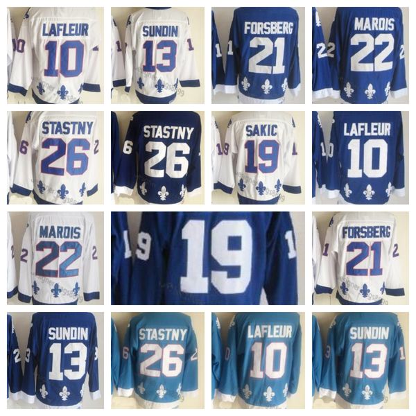 Hommes CCM Retro 19 Joe Sakic 21 Peter Forsberg Maillots de hockey 13 Mats Sundin 26 Peter Stastny Maillots 10 Guy Lafleur 22 Marois Vintage Bleu Blanc 2023 New Hot Jersey