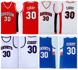 Heren Knights Stephen Curry 30 Middelbare school Basketbal Jerseys NCAA DAVIDSON Wildcat College Gestikte Shirts Blue Red S-XXL