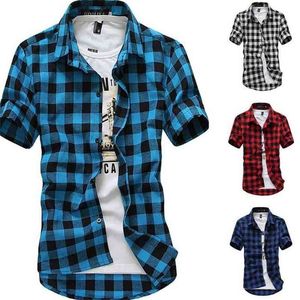 Heren check shirt flanel geborsteld katoen korte mouwen casual slim fit top plus size 210809