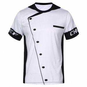 Hommes Chef Chemise Hôtel Restaurant Cuisine Costume Imprimer Travail Porter Uniforme Casual Col Rond À Manches Courtes Service Alimentaire T-shirt S27N #