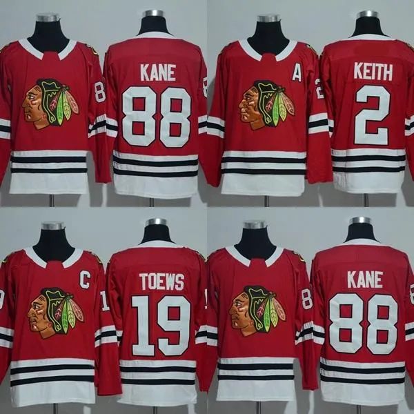 Hommes Chicago Blackhawks 2 Duncan Keith 19 Jonathan Toews 88 Patrick Kane Rouge Nouvelle marque 100% Ed Maillot de hockey sur glace Taille S-3Xl Fro