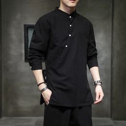 Camisa de cáñamo de estilo chino para hombre, traje Tang de lino y algodón, Hanfu, cuello levantado Retro, ropa Zen, tops Harajuku, ropa para hombre 240306