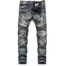 Heren klassieke biker jeans heren slanke rechte knie drape paneel moto biker jeans vernietigd gescheurde stretch hip hop broek #1806256M