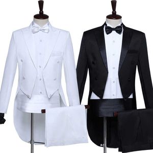 Mens Classic Black White Shiny Revers Tail Coat Tuxedo Bruiloft Bruidegom Stage Singer Four Piece Pakken Kostuum Magic Performance Wear X0909