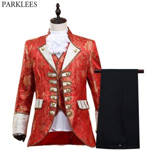 Mens Classic Court Prince Costume 5 stks Victoriaanse Gotische Vintage Outfit Pak voor Halloween Cosplay Masquerade Party Rood 210522