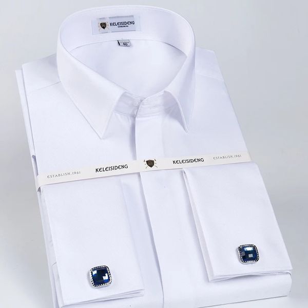 Chemise habillée classique à boutons cachés pour hommes, manches longues, formelle, coupe standard, chemises blanches, boutons de manchette inclus 240312