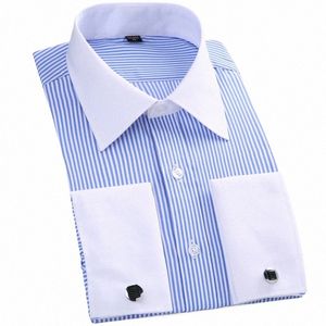 Chemise classique à rayures françaises pour hommes avec poche poitrine, coupe standard, manches LG, chemises de mariage, boutons de manchette inclus e7Q0 #