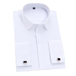 Hommes Classique Poignets Français Chemise Habillée Solide Patte Couverte Formelle Affaires Standardfit Manches Longues Travail De Bureau Chemises Blanches 240322