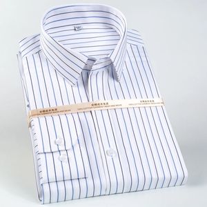 Mens Classic Lange Sleeve Non Iron Striped Drail Shirts Verwijderbare kraagverblijven Formele bedrijven Regular Fit Pure Cotton Shirt 240403