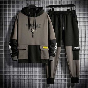 Mens Kleding 2 Stuk Set Mannen Winter Herfst Trainingspak Mannen Jogging Pak Mannelijke Lopende Kleding Patchwork Hoodie en Jogger Set 211222