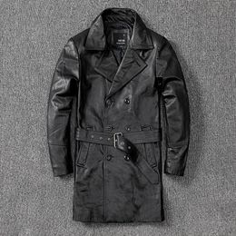 Mens kleding lederen jassen lange trenchcoat slanke jas riem windjack revers bovenkleding overcoat tops voor mannen 5XL