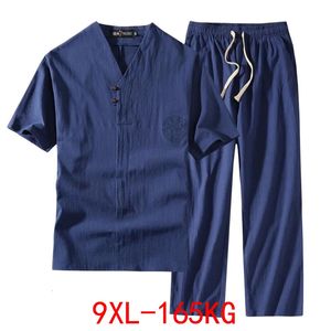 Mens kleding groot formaat tracksuit echtgenoot zomerpak linnen t -shirt mode mannelijke set Chinese stijl 8xl 9xl plus tweedelige 240518