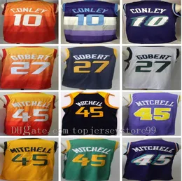 Maillots de basket-ball universitaire pour hommes Donovan 45 Mitchell Jersey en gros pas cher Rudy 27 Gobert Mike 10 Conley Bleu Blanc Orange Violet Taille S-2XL