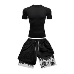 Mens Compressiepak Sport Fitness Quick Drying Suite Track Strak Short Sheeved Anime Double Layer Shorts Summer 240420