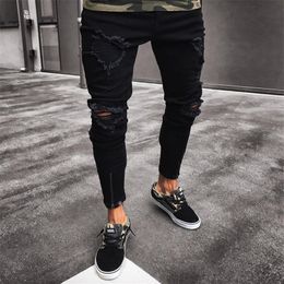 Jeans neri di marca di marca cool da uomo Pantaloni skinny strappati strappati elasticizzati slim fit Hop Hop con fori per uomo239d