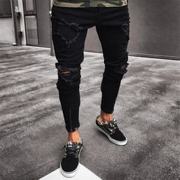 Herren Coole Designermarke Schwarze Jeans Skinny Ripped Destroyed Stretch Slim Fit Hop Hop Hose mit Löchern für Männer285V