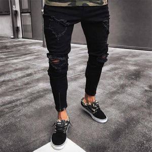 Hommes Cool Designer marque noir jean maigre déchiré détruit Stretch coupe ajustée Hop pantalon avec trous pour hommes 210922336E