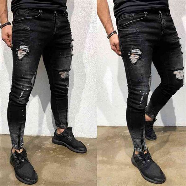 Mens Cool Designer Marque Black Jeans Skinny Ripped Destroyed Stretch Fit Hop Pantalon Avec Trous Pour Hommes Pantalon # f35 210723