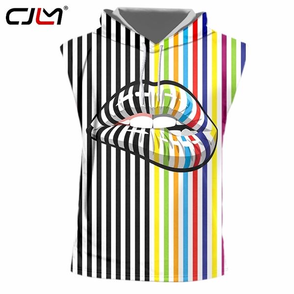 Hommes Cool Drop débardeur à capuche 3D imprimé créatif lèvres rayures couture Cool vêtements homme Spandex 220623