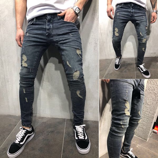 Hommes Cool Skinny Jeans Trou Jambe Ouverture Zippée Usé Coupe Slim Plus La Taille Toute La Saison Urban Wind Biker Pantalon