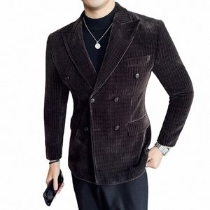 Mens Corduroy Blazers Estilo británico 2023 Otoño Masculino Slim Fit Traje Chaquetas de alta calidad Tuxedo Office Fi Marca Hombres Ropa 26Ve #