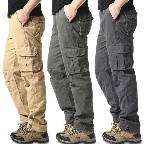 Pantalones de carga de algodón para hombres Pantalones múltiples casuales Pantalones Hombres rectos pantalones largos Pantalones de trabajo casual Man 240408