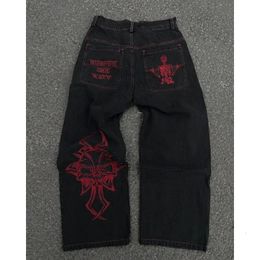 Hommes coton mode entièrement brodé crâne lâche droite pantalon Jeans décontracté haute rue hip-hop Y2K Vintage pantalon 240311