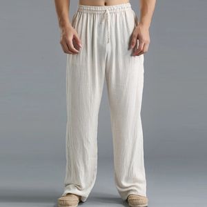 Hommes coton lin pantalons décontractés mode été respirant pantalon ample pour homme solide taille élastique pantalons de survêtement longs S5XL 240318
