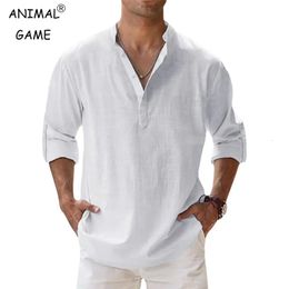 Chemises en coton pour hommes en lin décontracté à manches longues chemise boutonnée col de bande hauts amples M5XL 240321