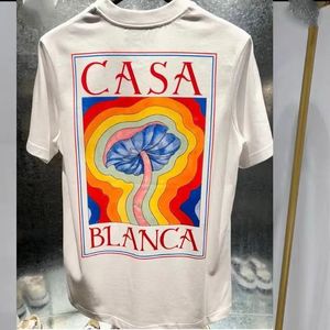 T-Shirt à manches courtes en coton pour hommes, lettre de champignon arc-en-ciel imprimée Casa Blanca, coupe ample