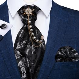 Heren Cravat Tie Silk Paisley Floral Black Red Ascot Broche Set Wedding Party Kerstmis Homme Suit Vest Accessory240409