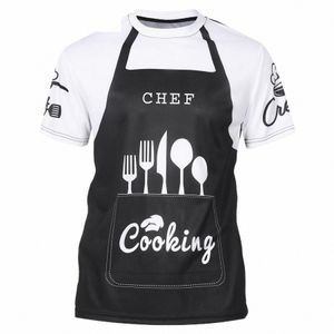 Mens Creatieve Kleurblok Gedrukt Chef T-shirt Restaurant Keuken Koks Kostuum Ronde Hals Korte Mouw Tee Top c7mY #