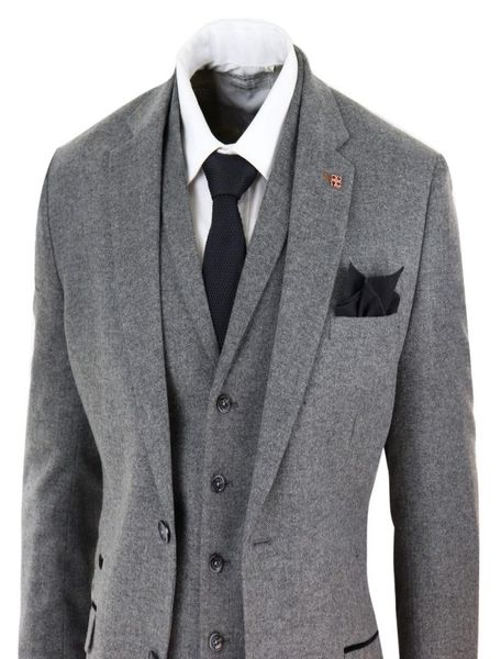 Mens Grey Herringbone Tweed 3 piezas Suits Peaky Blasty Traje de lana Tweed Chaqueta Chaqueta Pantalones de boda hecha a medida Tuxe3611633