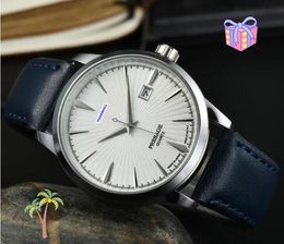Herendag Datum Quartz Horloges 40 mm Silver roestvrijstalen kast Lederen band Topkwaliteit polshorloges goed uitziende coole fabriekstijd klokketting armband Watch geschenken